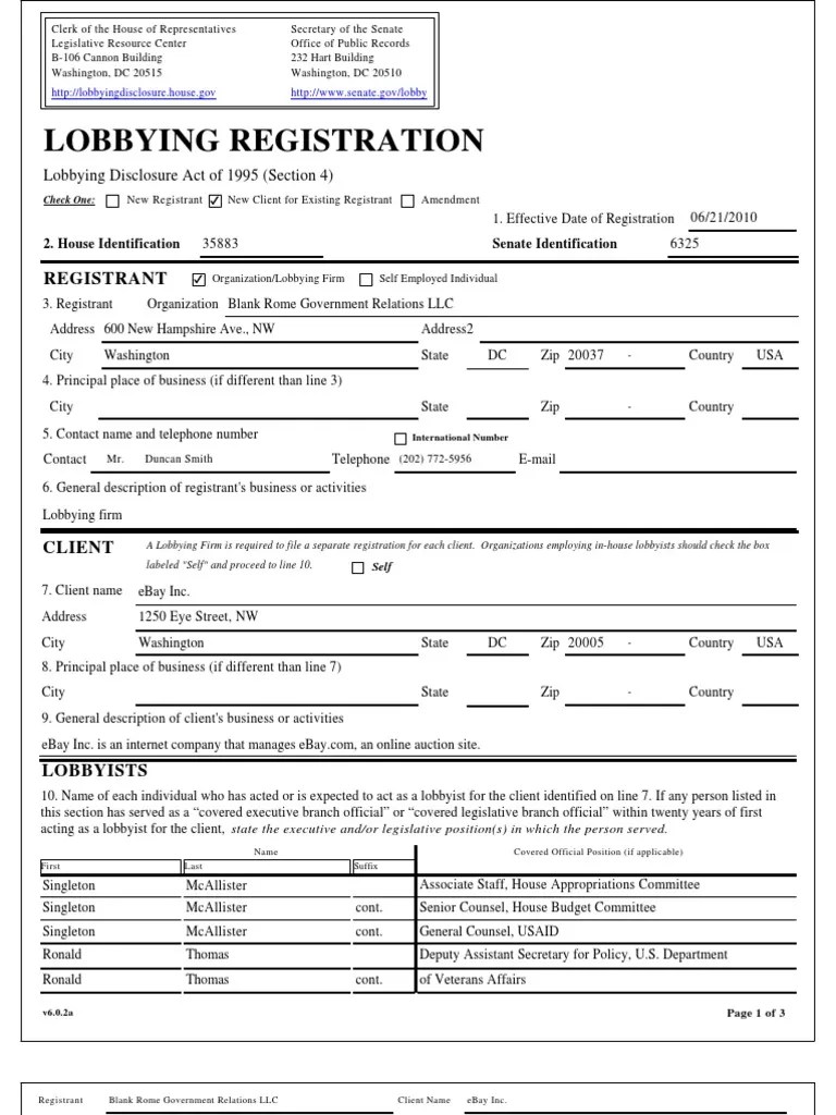 Registration by Blank Rome Government Relations, LLC to lobby for eBay