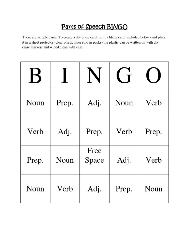 Parts of Speech Bingo PDF PDF
