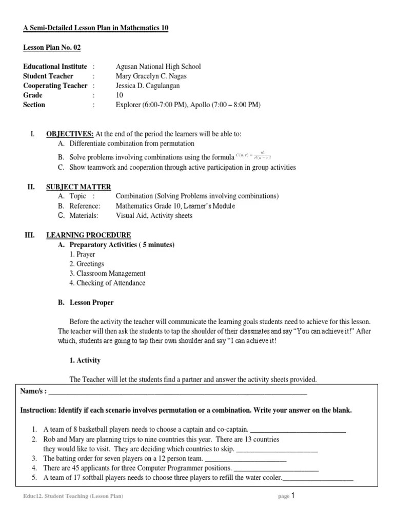 L2 Combination (Solving Problems Involving Combinations) PDF Lesson
