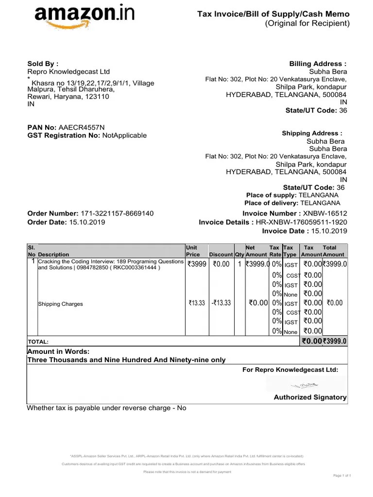 Book Bill Format Amazon PDF Invoice Business