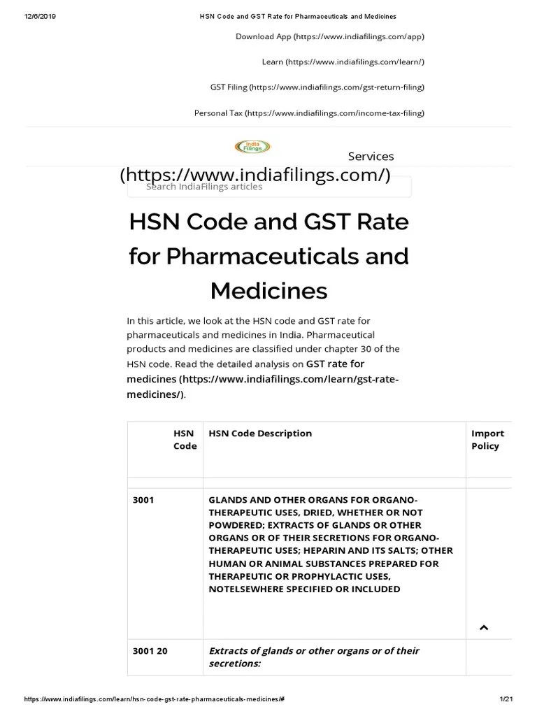 HSN Code and GST Rate For Pharmaceuticals and Medicines PDF PDF