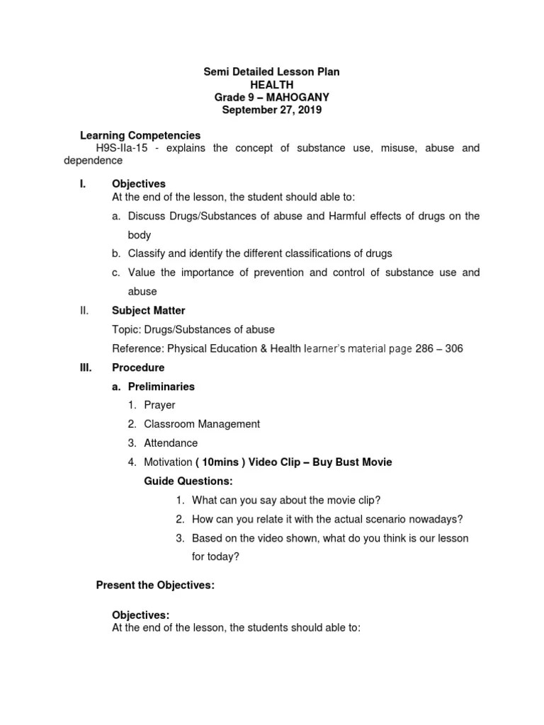 DLP COT Drugs PDF Substance Abuse Lesson Plan