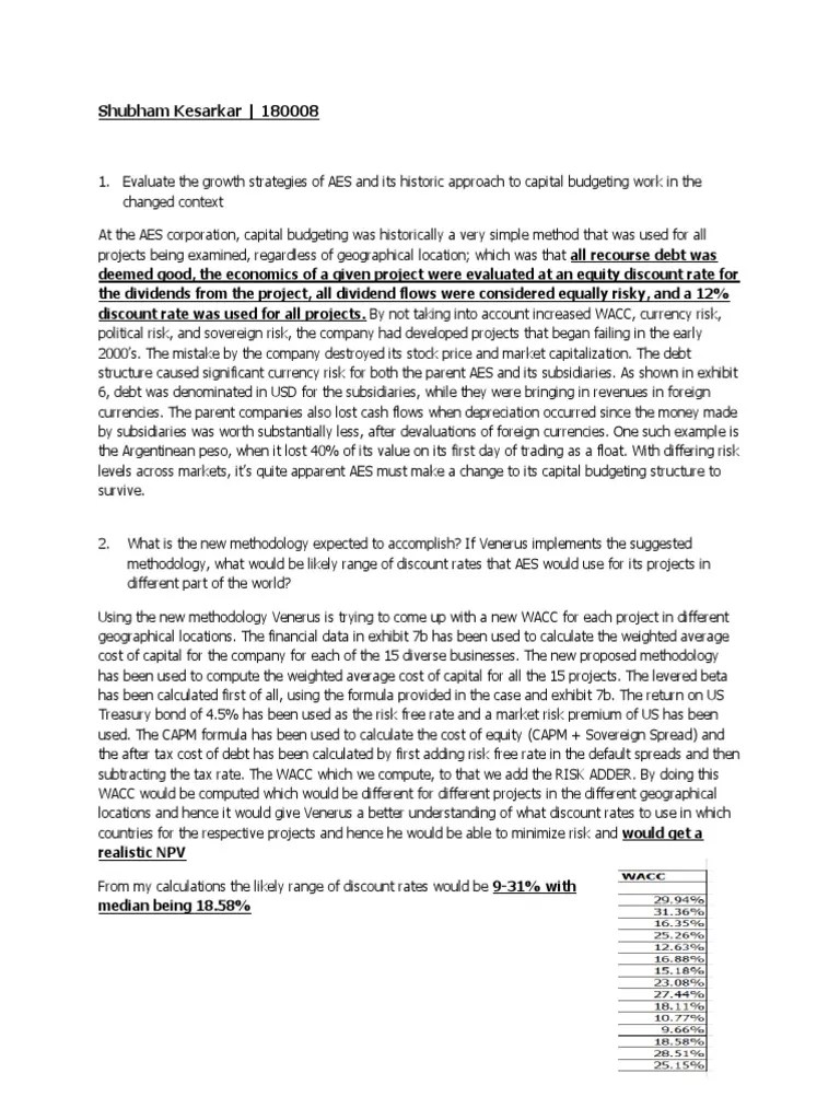 AES Capital Budgeting PDF Cost Of Capital Net Present Value