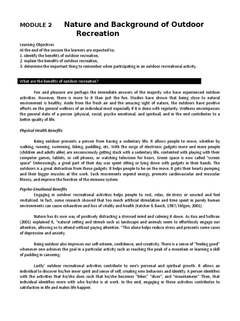 Benefits Of Recreation | Pdf | Recreation | Outdoor Recreation