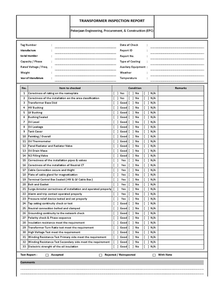TRANSFORMER Inspection Checklist PDF Transformer Electrical