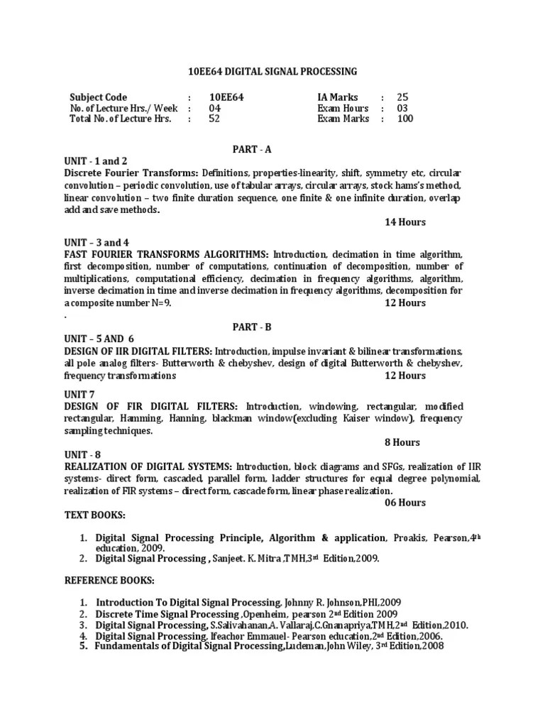 10EE64 DIGITAL SIGNAL PROCESSING Syllabus PDF PDF Digital Signal
