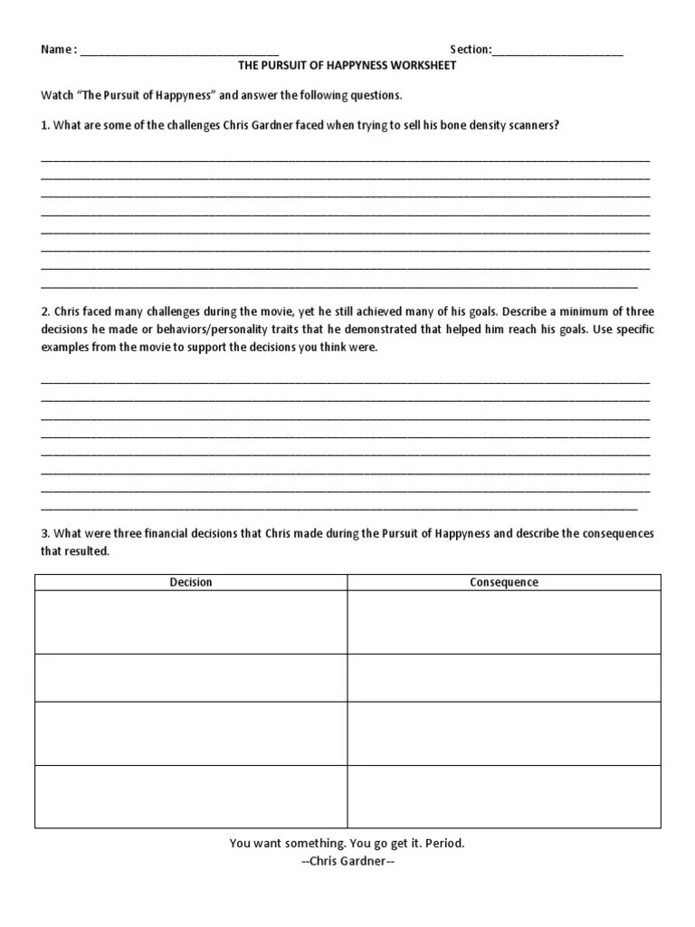 Pursuit of Happyness Worksheet | PDF | Psychological Concepts | Psychology