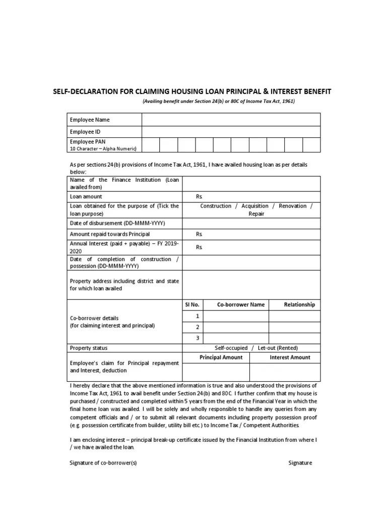 SelfDeclaration For Claiming Housing Loan Principal & Interest Benefit 1 Loans Interest