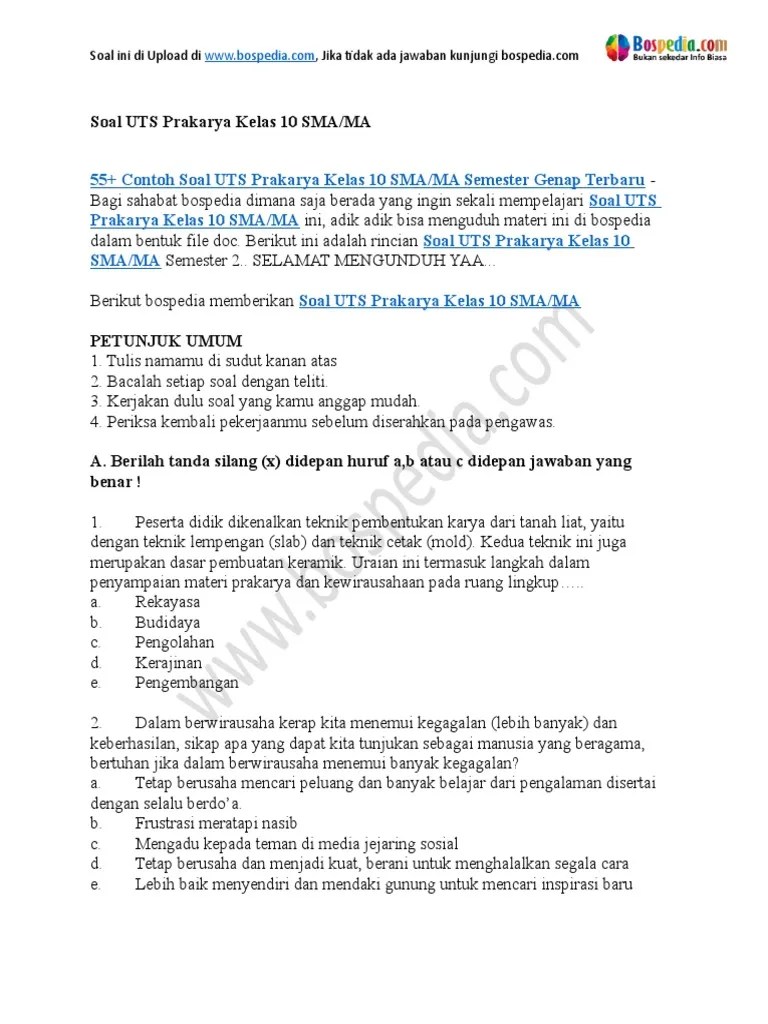 55+ Contoh Soal UTS Prakarya Kelas 10 SMA MA Semester Genap | PDF