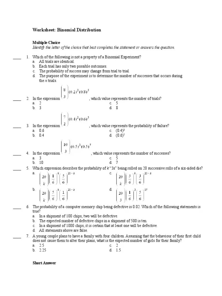 6.2 Binomial Probability Practice Worksheet PDF Expected Value