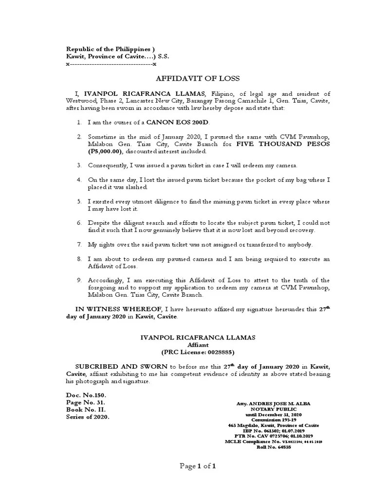 Affidavit of Lost Pawn Ticket Request to Redeem Pawned Camera PDF