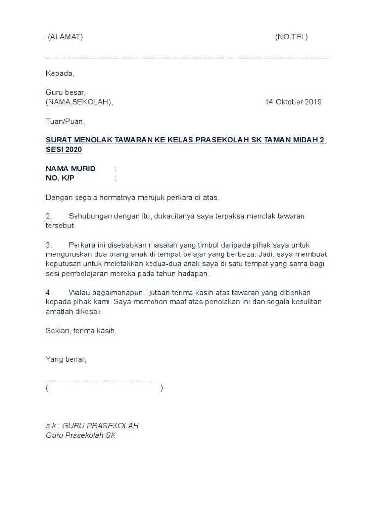 Surat rasmi tolak tawaran politeknik surat rasmi tolak tawaran kerja surat rasmi tolak tawaran pekerjaan surat rasmi tidak hadir ke seko karangan surat . Contoh Surat Penolakan Tawaran Kenaikan Pangkat