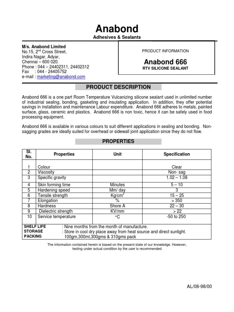 Anabond 666 RTV Silicone Sealant PDF PDF Silicone Industrial