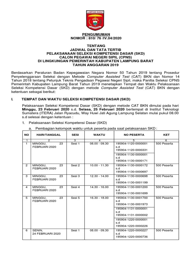 Pengumuman Jadwal SKD Cpns 2019 Lambar PDF | PDF