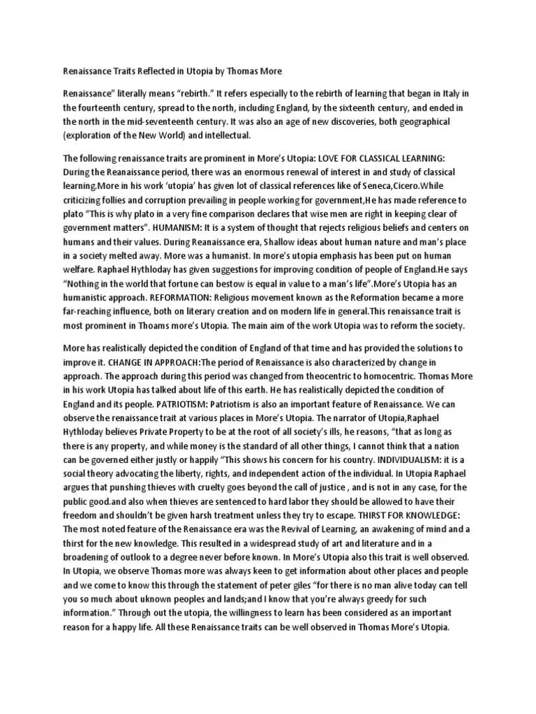 UTOPIA Renaissance Traits Reflected in Utopia by Thomas More PDF