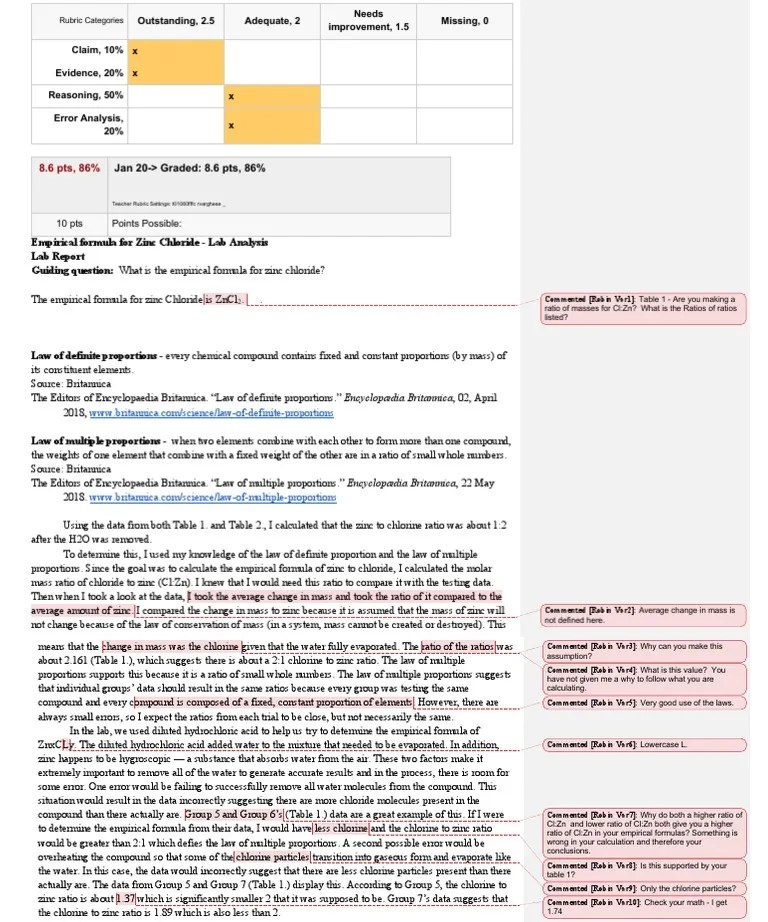 Zinc Chloride Lab Report Feedback PDF Chlorine Zinc