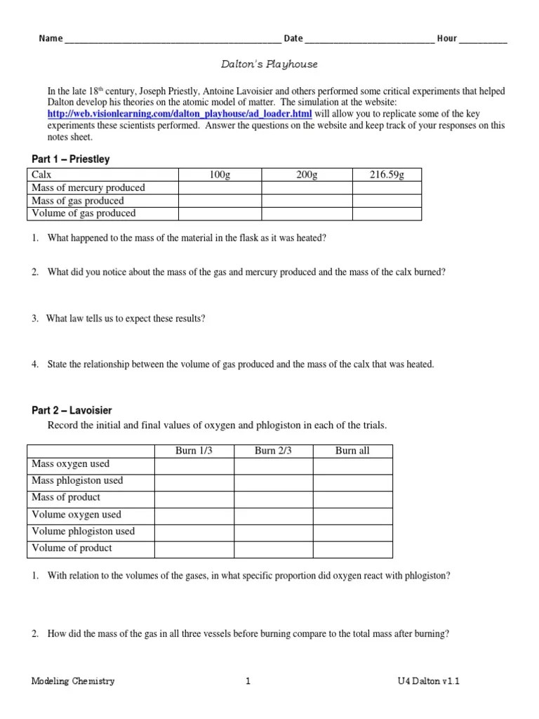 3 Dalton Playhouse Student PDF Oxygen Chemistry