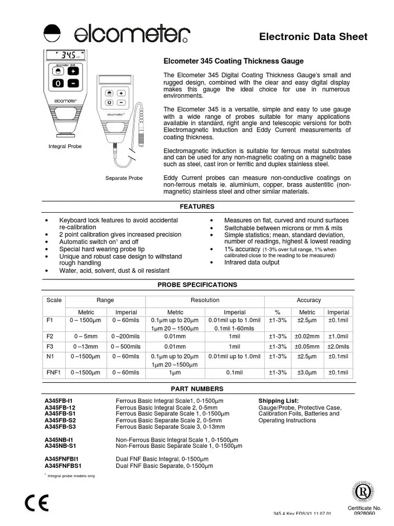 345 Coating Thickness Gauge Datasheet PDF PDF Sheet