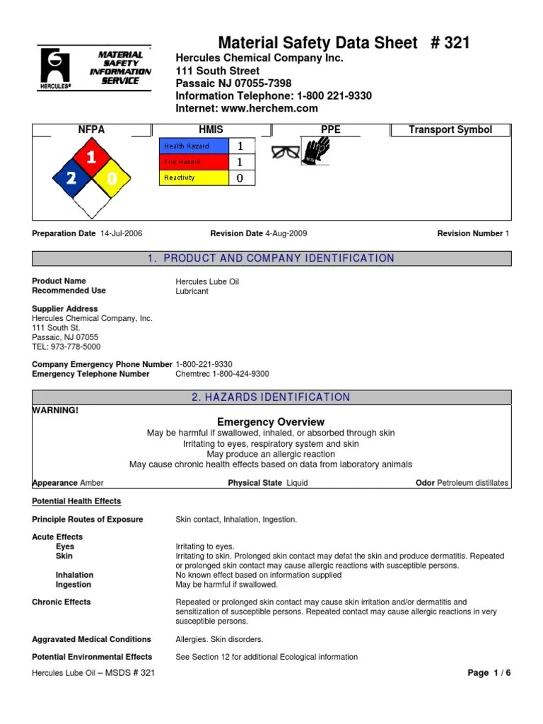 Lube Oil MSDS in English PDF Superfund Personal Protective Equipment