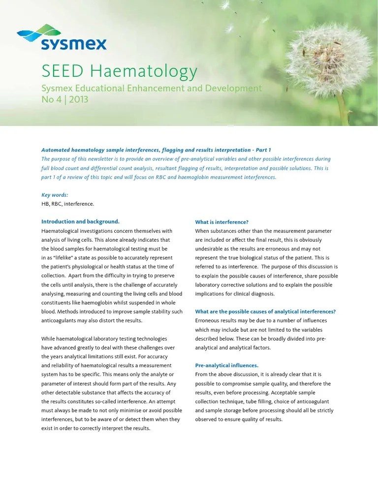 Sysmex SEED 4 2013 Automated Haematology Sample Interferences Flagging