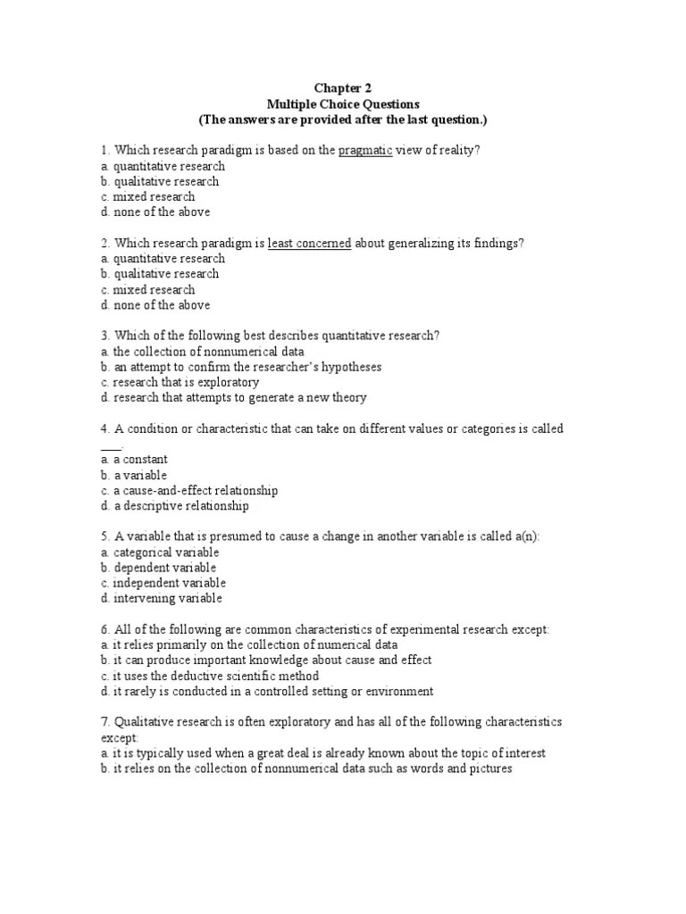 Research Methods MCQs 2 PDF Experiment Qualitative Research