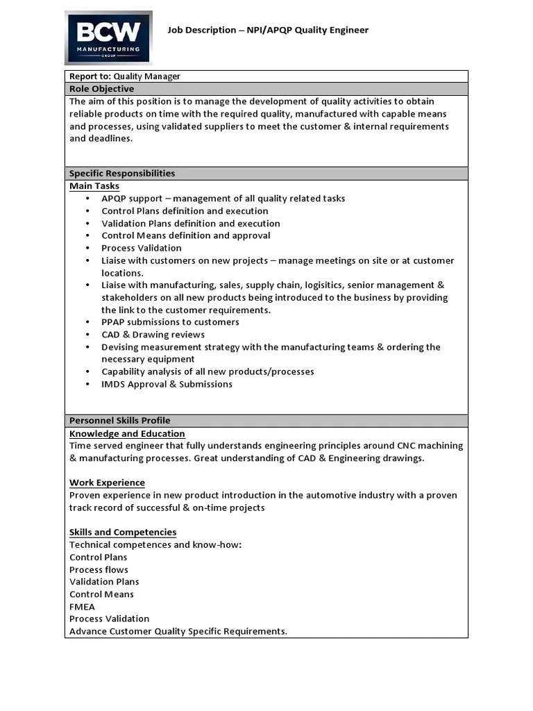 NPI Quality Engineer Role Profile PDF Verification And Validation