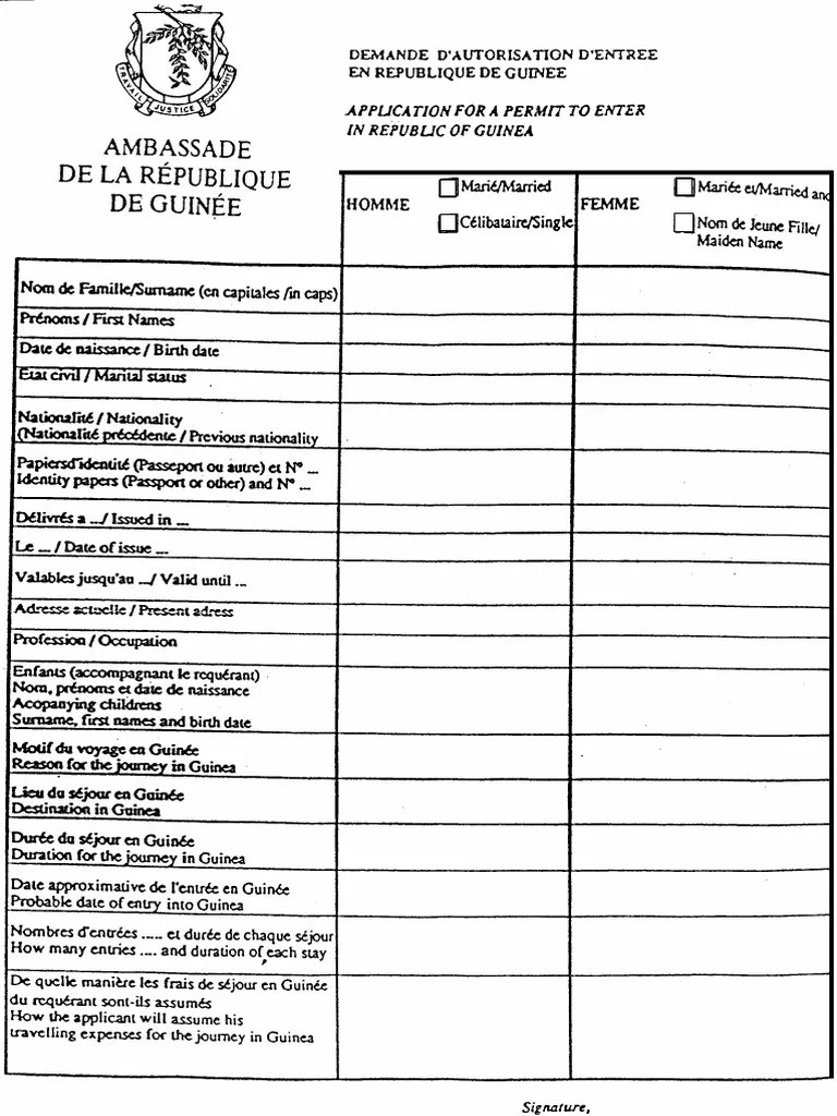 Formulaire de Demande de Visa Guinée Conakry PDF
