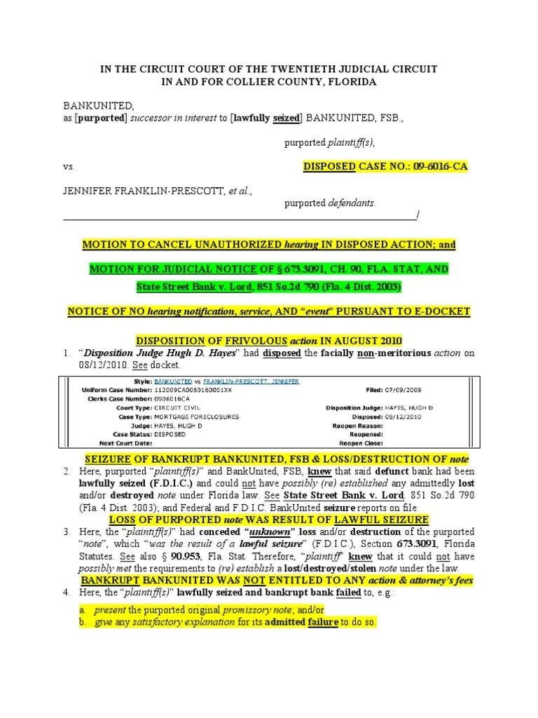 Motions & Notice, Disposed Case No. 096016CA, Naples Courthouse, FL