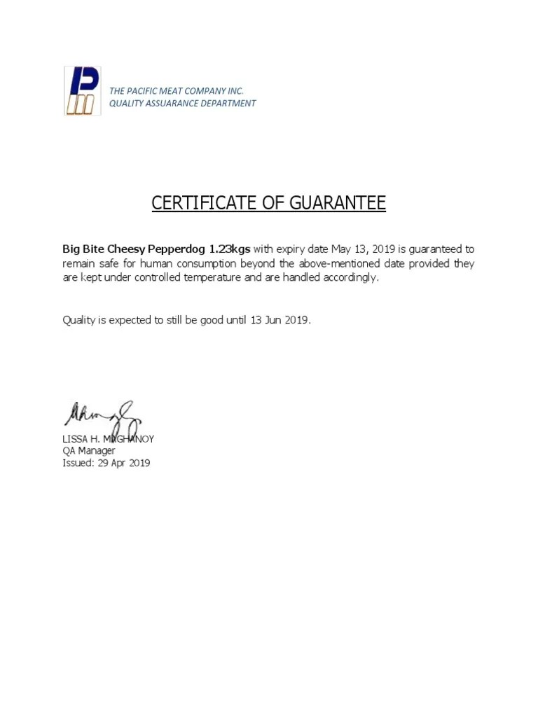 Certificate of Shelf Life Extension May 13