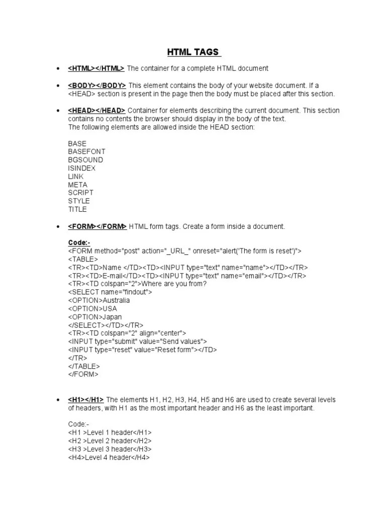 HTML Tags PDF Html Element Html
