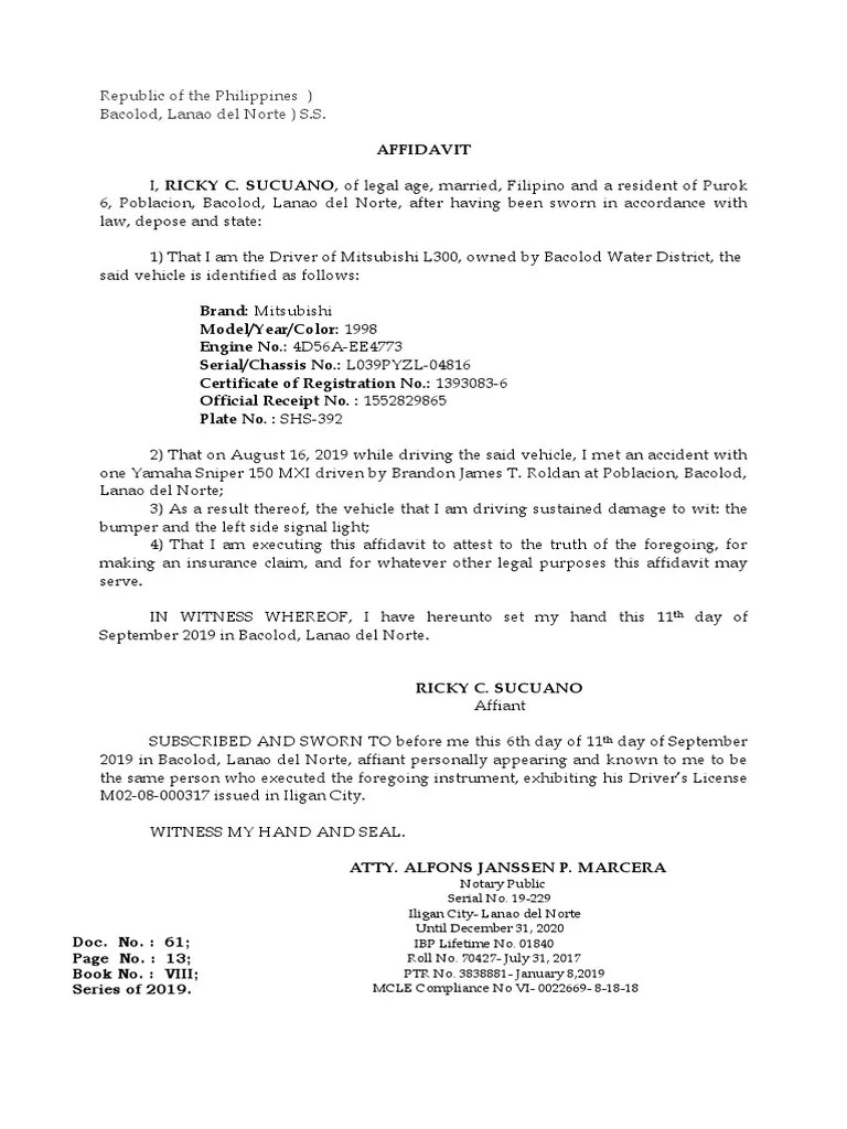 Affidavit of Own Damage Affidavit Document