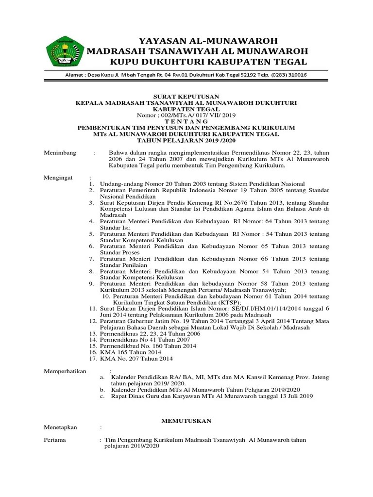 SK Tim Pengembang Kurikulum MTs 2019-2020 | PDF