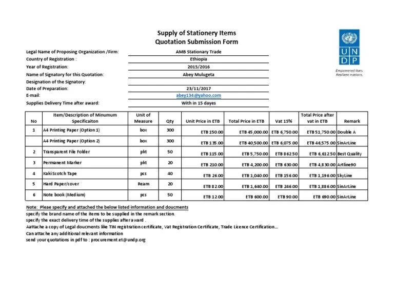 Stationery Item Supply Quotation Form PDF Business