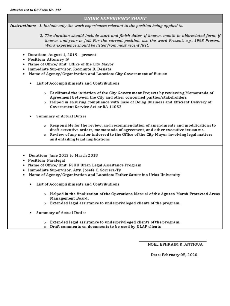 CS Form No. 212 Attachment - Work Experience Sheet | Government