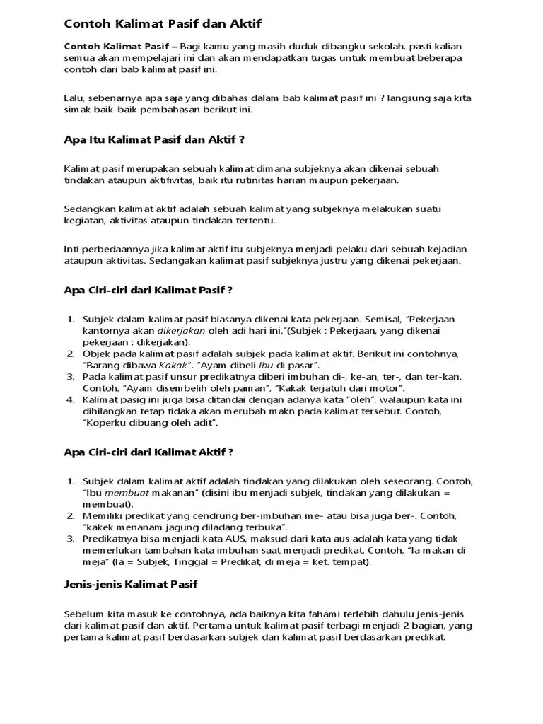 Contoh Kalimat Pasif Dan Aktif | PDF
