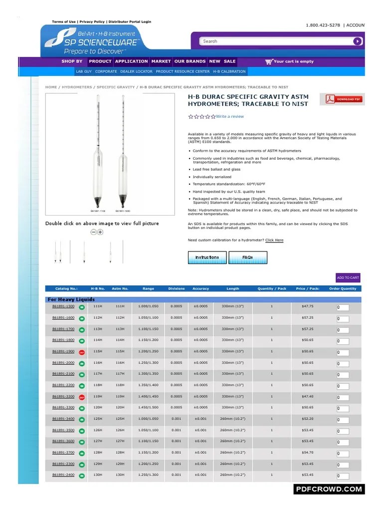 WWW Belart Com H B Durac Specific Gravity Astm Hydrometers Traceable To