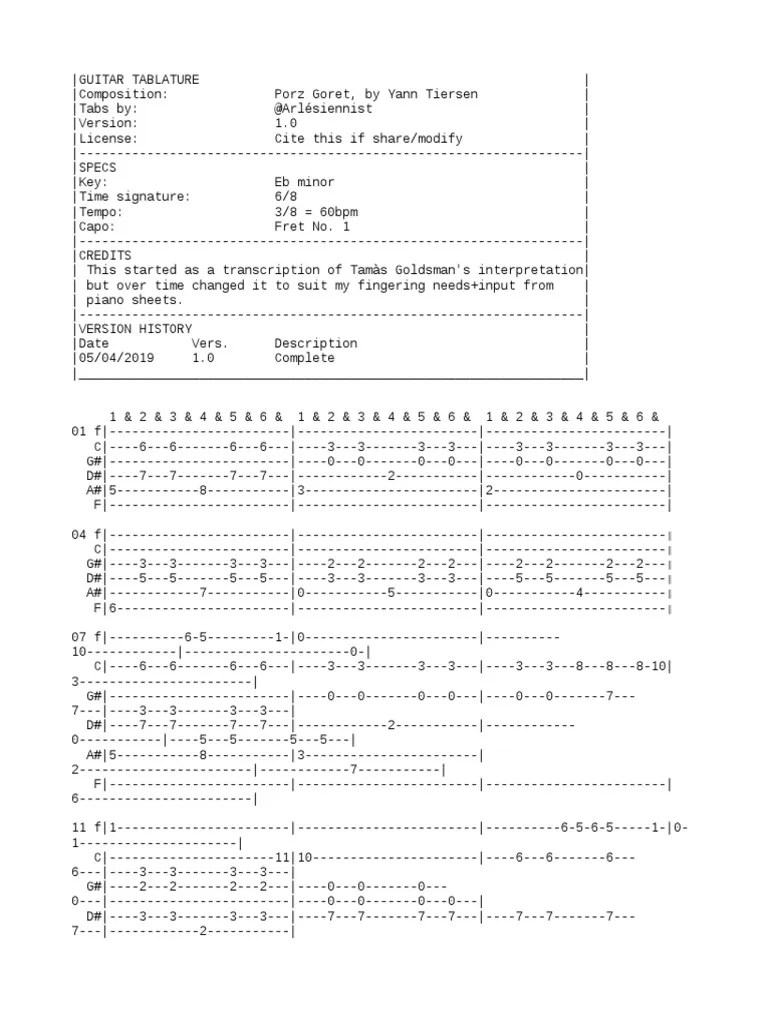 Porz Goret by Yann Tiersen GUITAR PDF Necked Lutes Music Technology