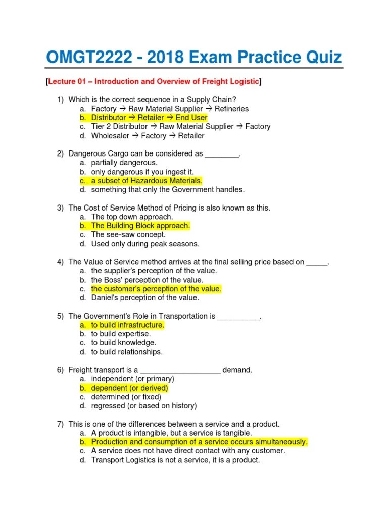OMGT2222-Transportation and Freight Logistics 2018 Exam Practice Quiz