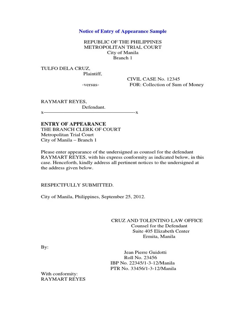 Notice of Appearance As Counsel Sample JMC Law PDF