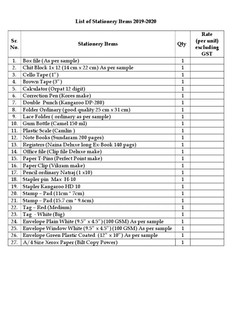 List of Stationery Items PDF