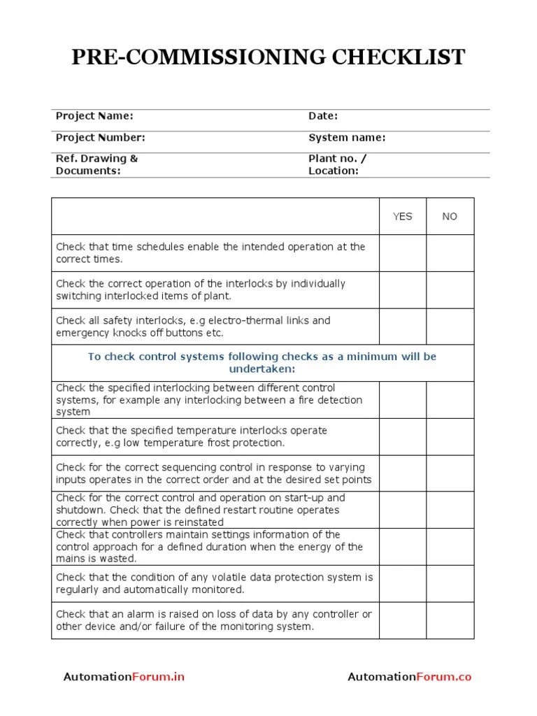 Pre Commissioning Checklist PDF Electrical Wiring Switch