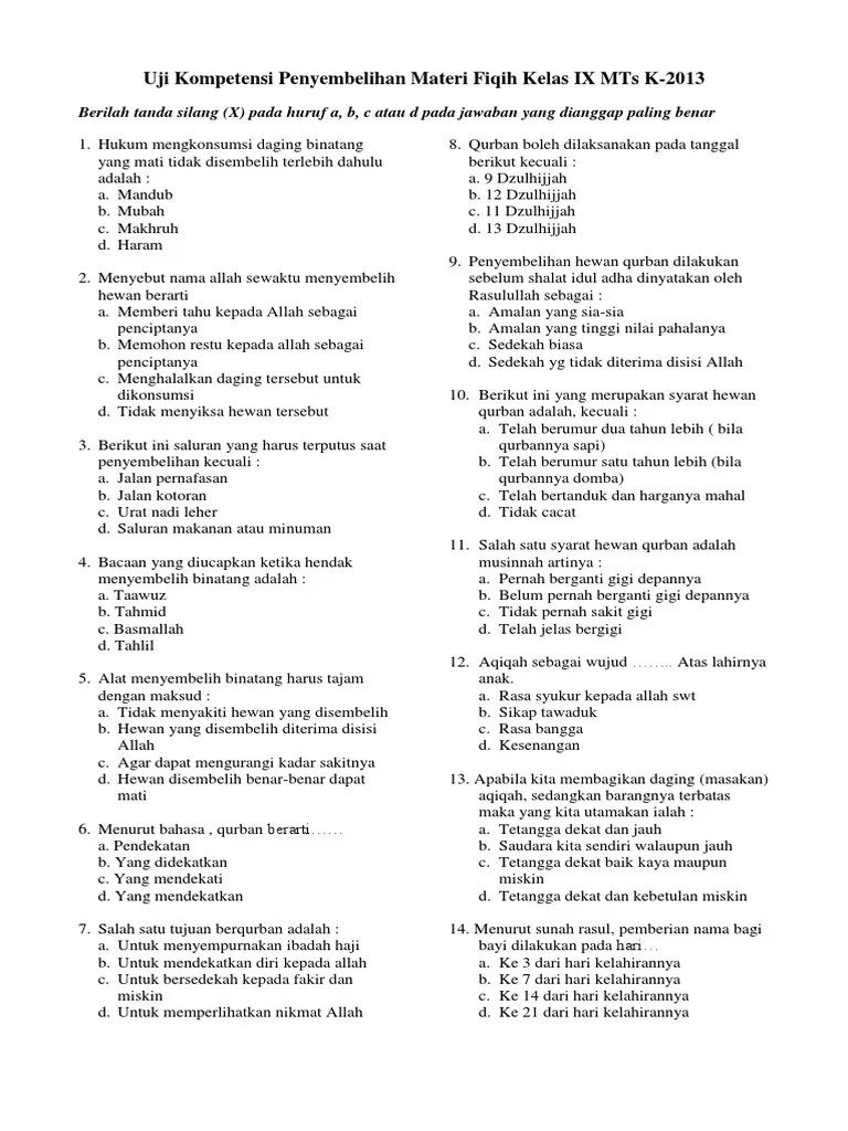 Uji Kompetensi Penyembelihan Materi Fiqih Kelas IX MTs K | PDF