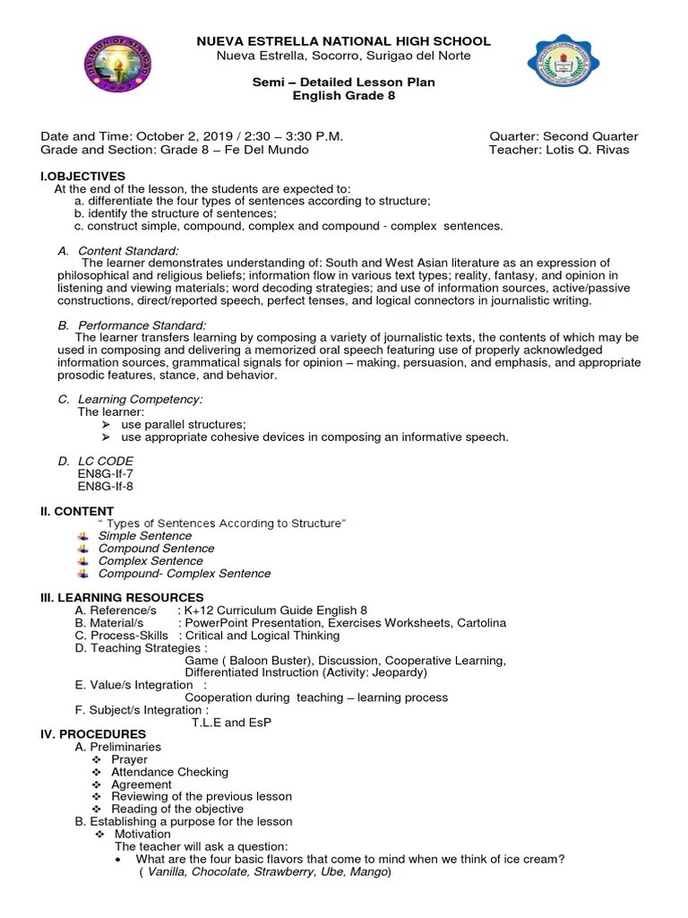 Lesson Plan (Types of Sentence Structure) For COT PDF Cognition Communication