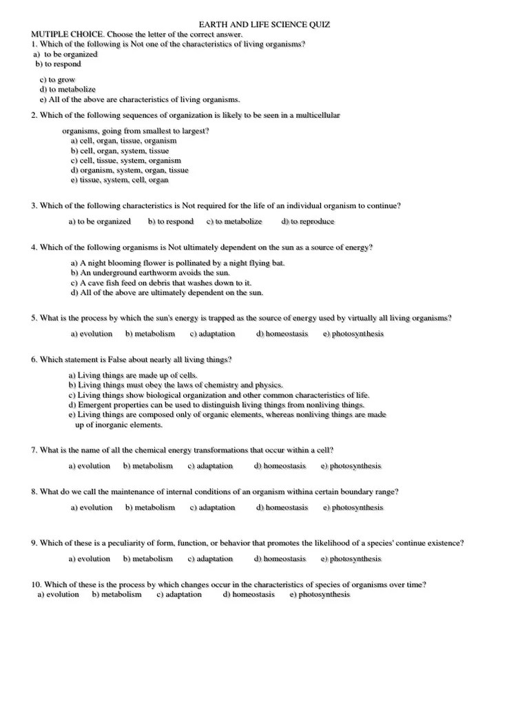Earth and Life Science Quiz PDF Life Organisms