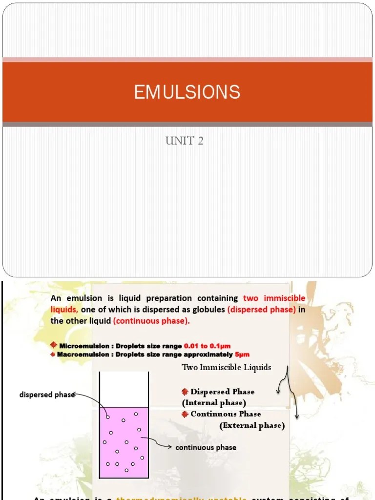 Emulsions Unit 4 PDF Emulsion Colloid