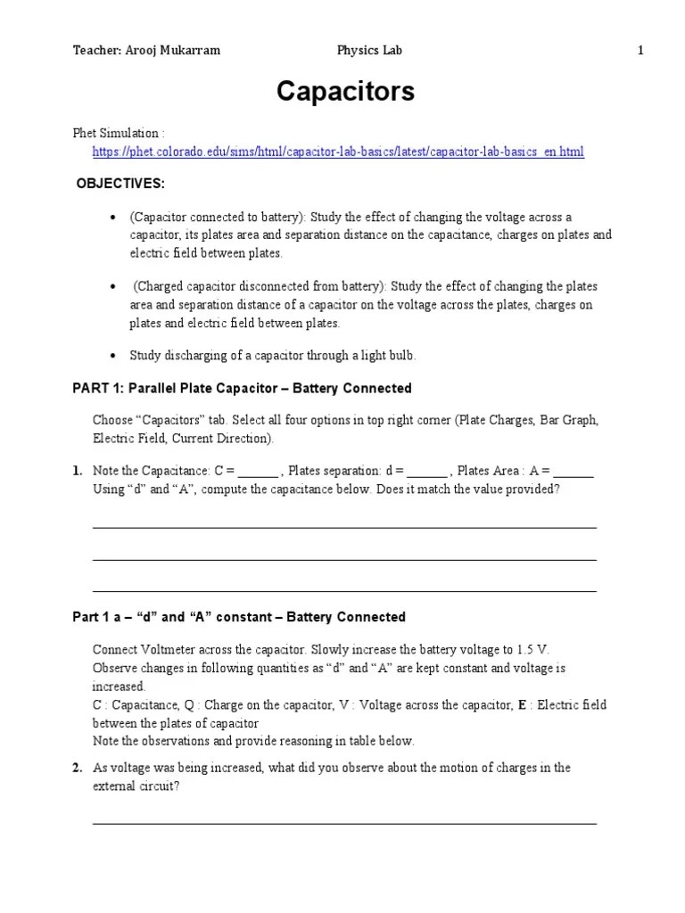 Capacitor Lab For Phet PDF Capacitor Voltage