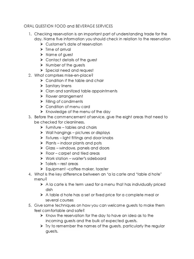 ORAL QUESTION FOOD and BEVERAGE SERVICES PDF