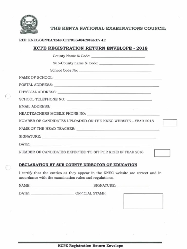 Kcpe Registration Return Envelope 2018 PDF PDF