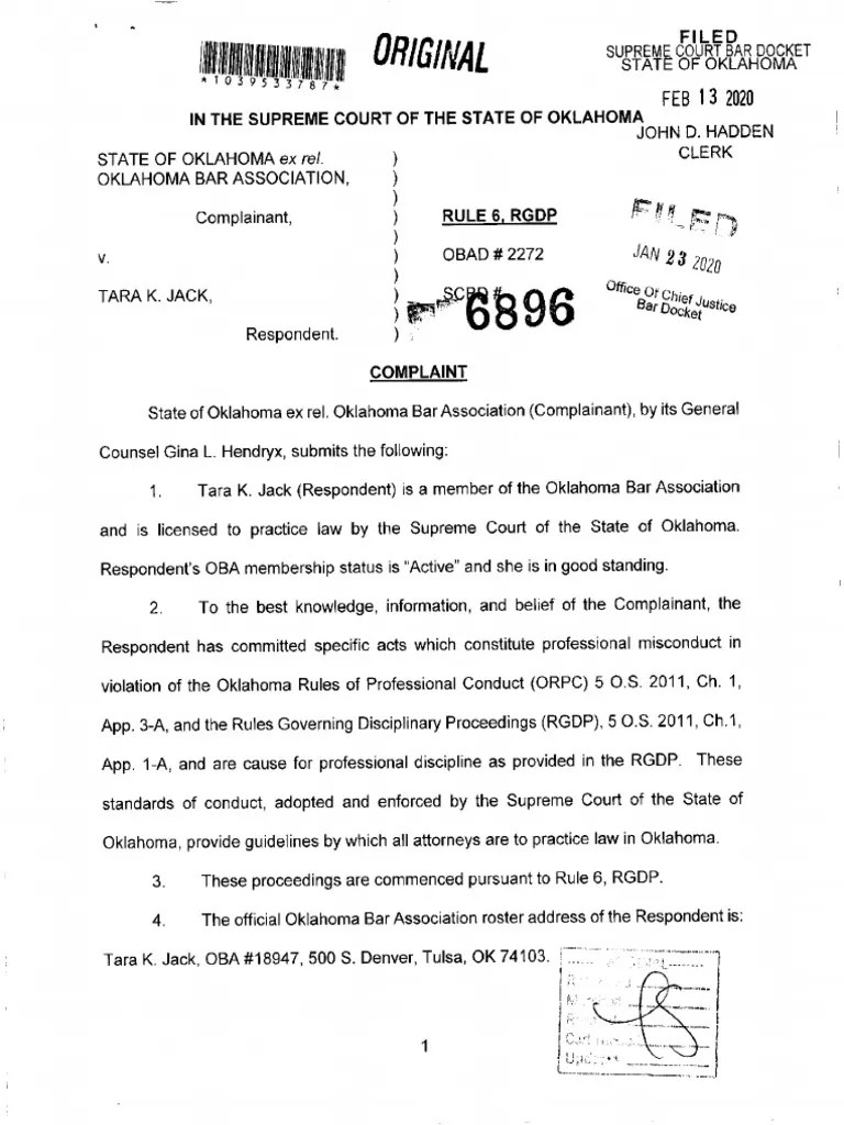 Oklahoma Bar Association Complaint Against Tulsa County Assistant