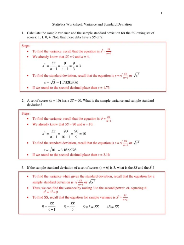 Variance Worksheet PDF Variance Standard Deviation